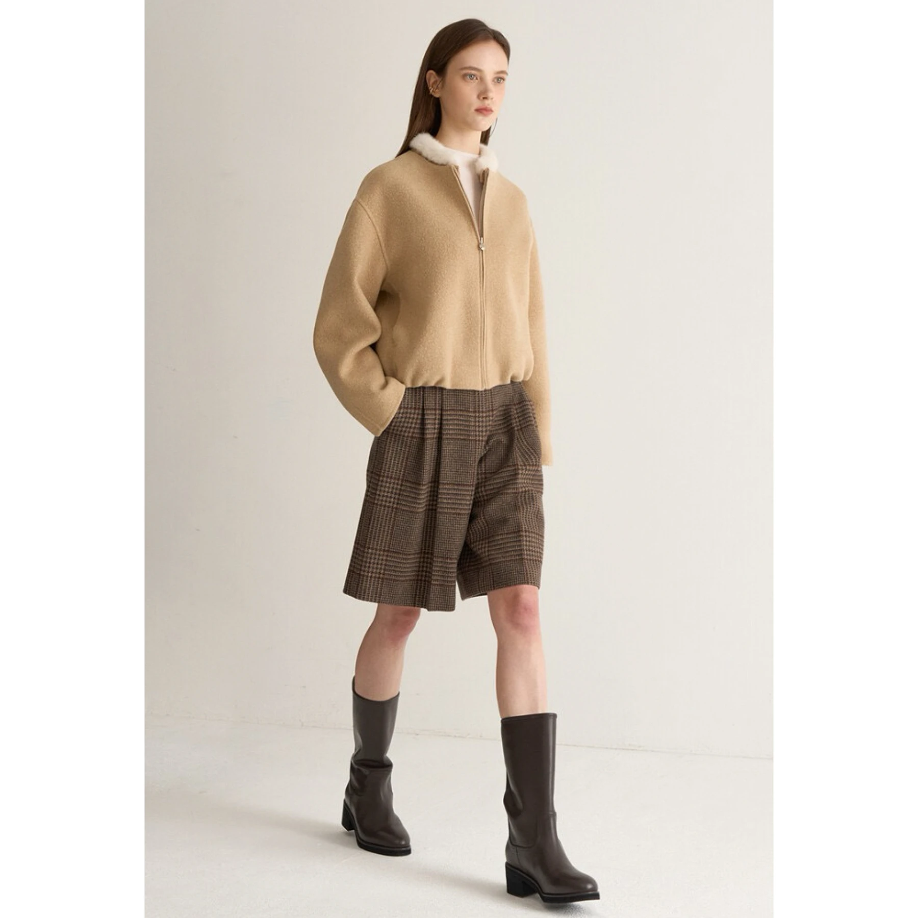 Abnehmbarer echter Nerzpelzkragen rund Ne ort Woolen Jaet Lemon Cheese MIN25 Winter Damen Faion Commute Sle Coat