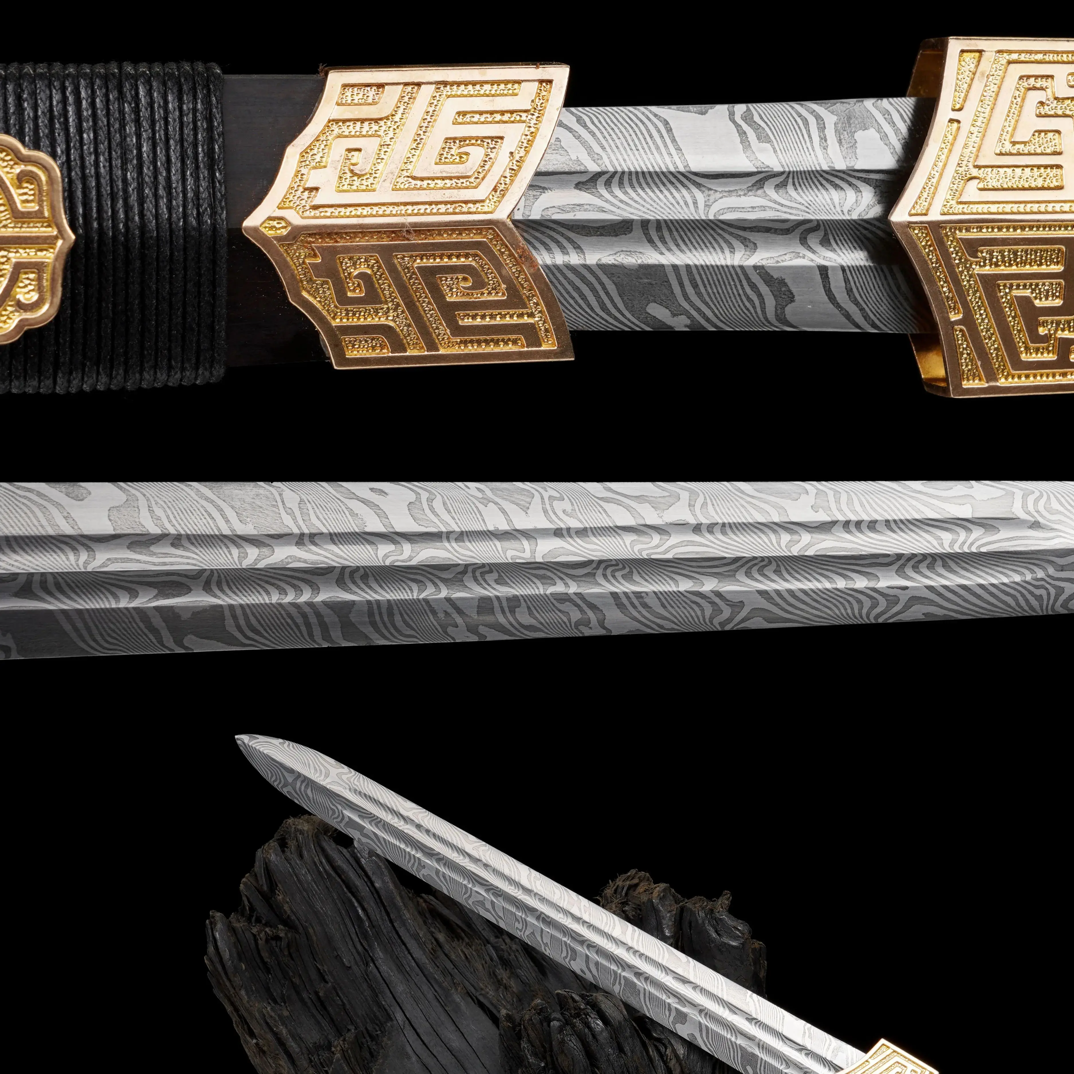 50cm Medieval Guard Small Qin sword Damascus steel - Folding sharp samurai sword katana weapons High-end gift Copper handle wood