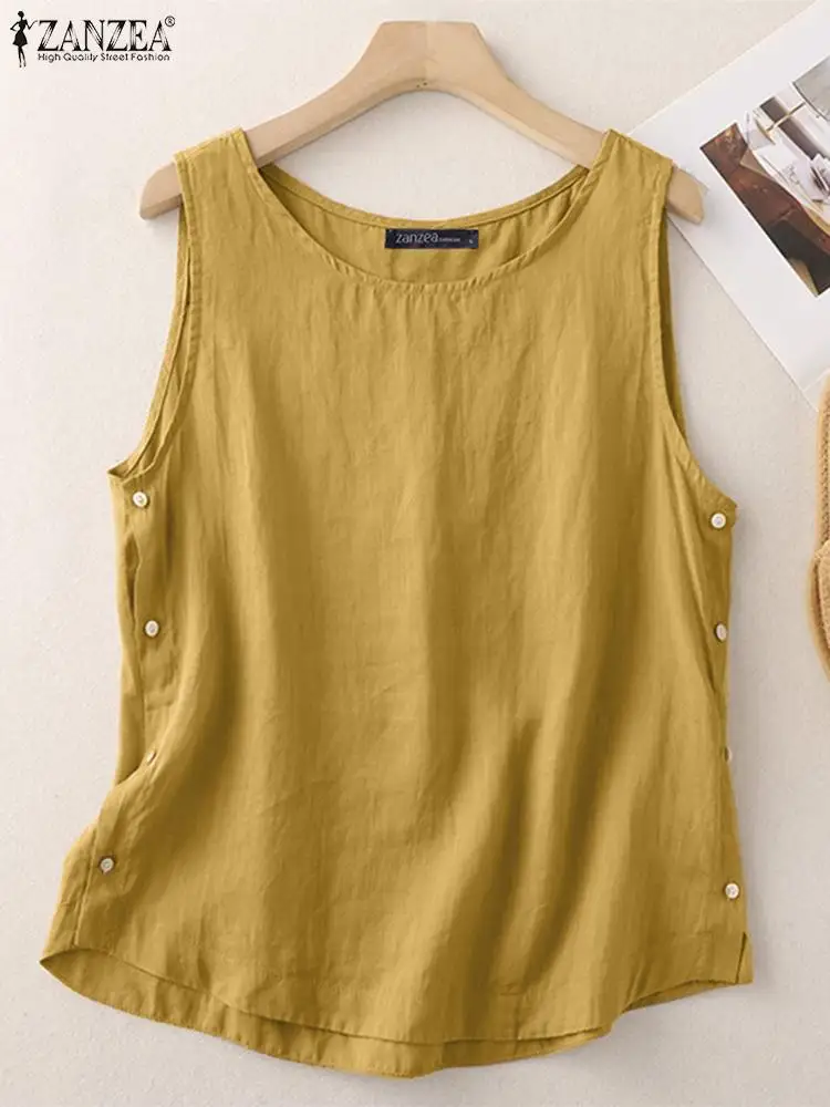 2024 ZANZEA Summer Vintage Tanks Tops Women Fashion O Neck Sleeveless Blouse Solid Loose Beach Shirt Casual Cotton Camis Blusas