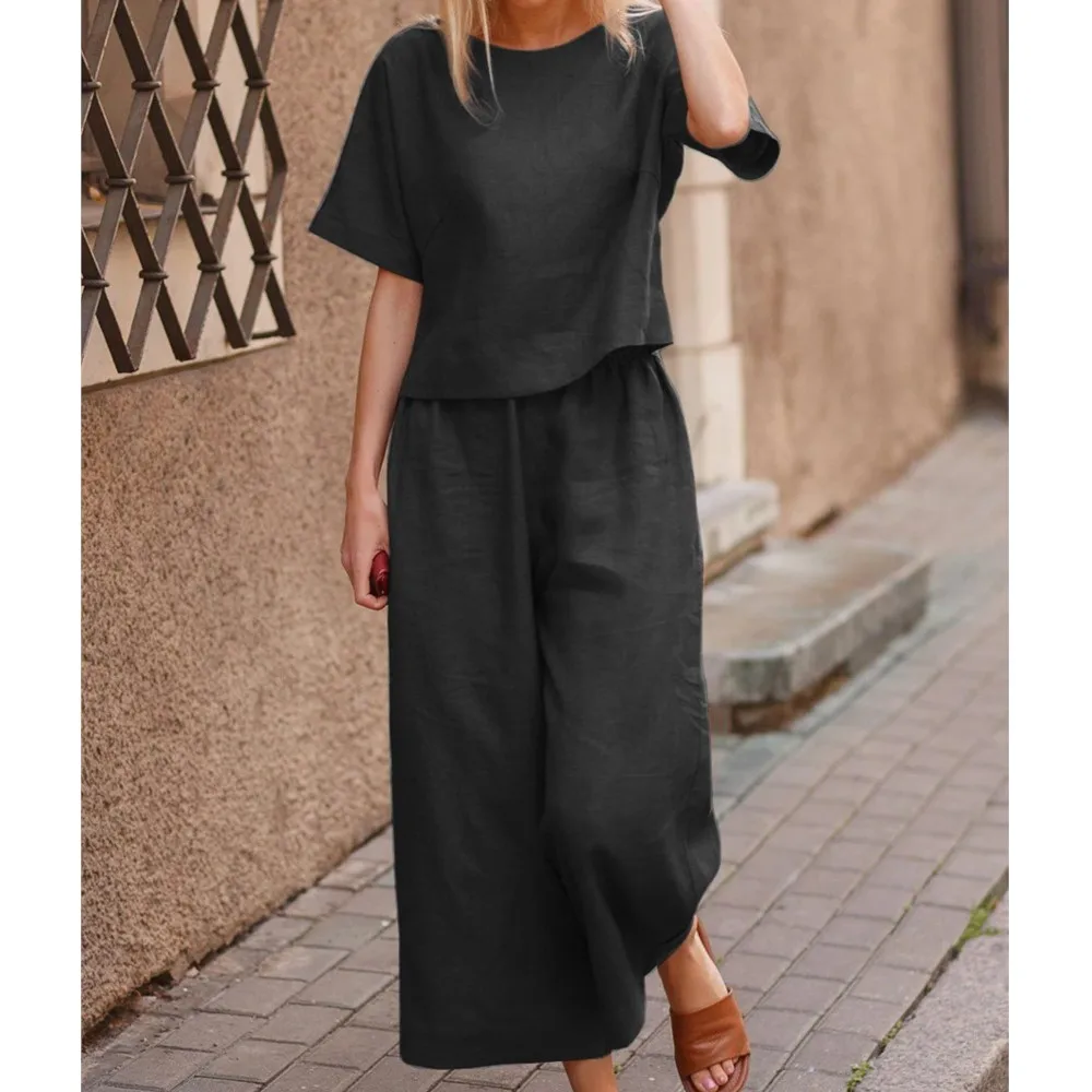 Women\'s Casual Loose Round Neck Top And Wide Leg Pants Two-piece Set 2024 Summer Solid Color Short Sleeved Blouse Trouser Outfit