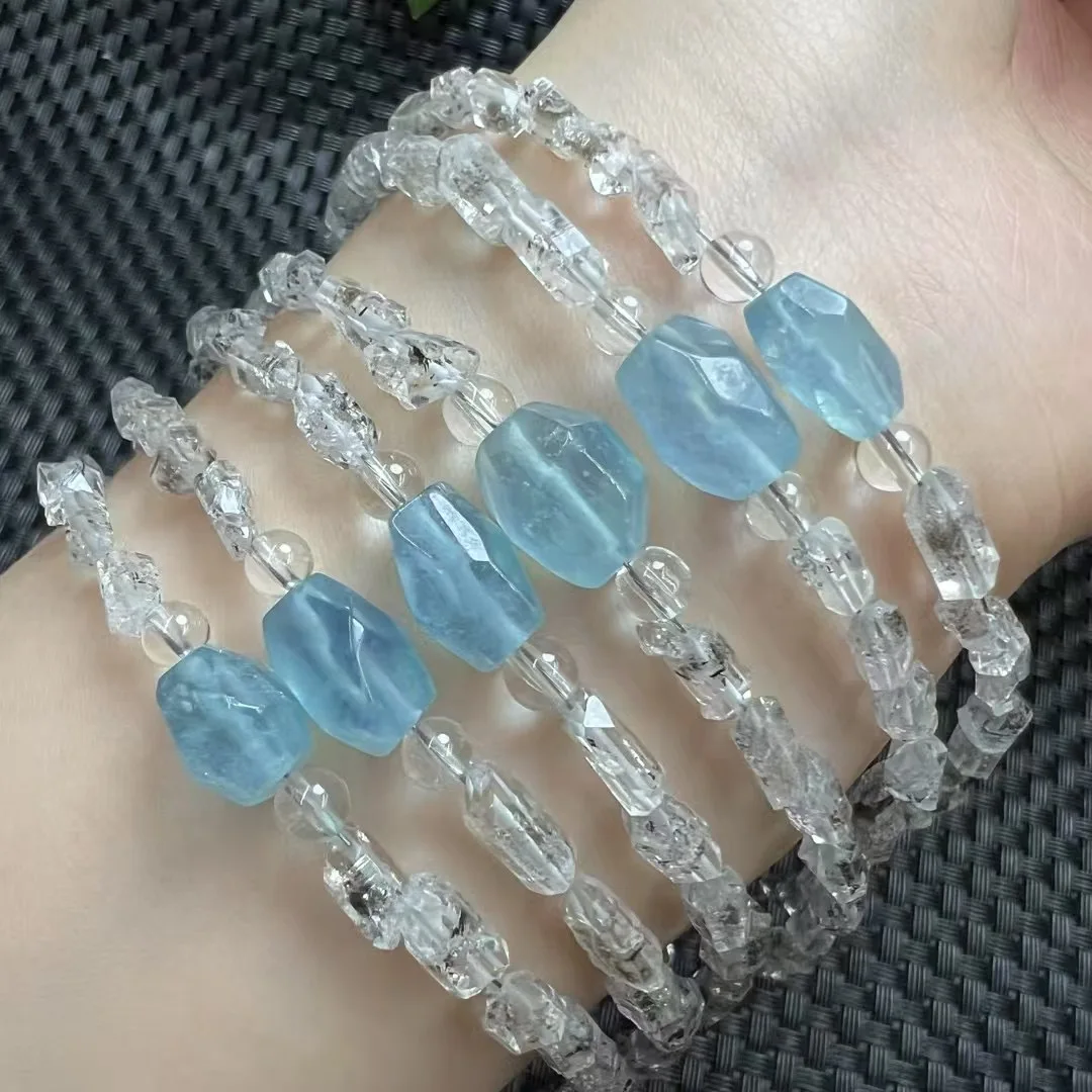 1 Pc Fengbaowu Natural Herkimer Diamond Aquamarine Bracelet 925 Sterling Silver Crystal Healing Stone Jewelry Gift For Women