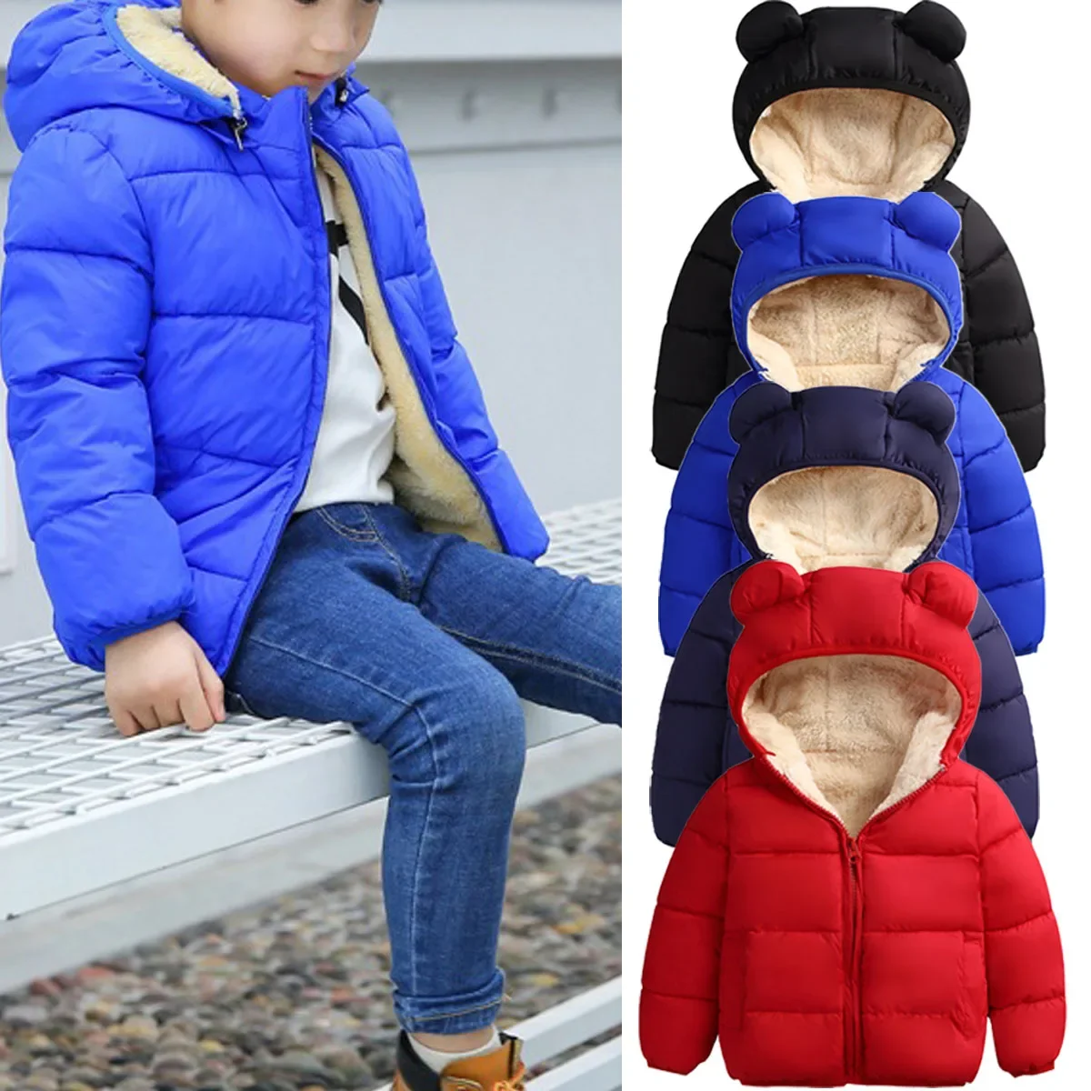 

1-5years Unisex Kids Winter Thick Warm Down Parkas Coat Zipper Open Front Hooded Cotton-Padded Down Jacket For Girls And Boys