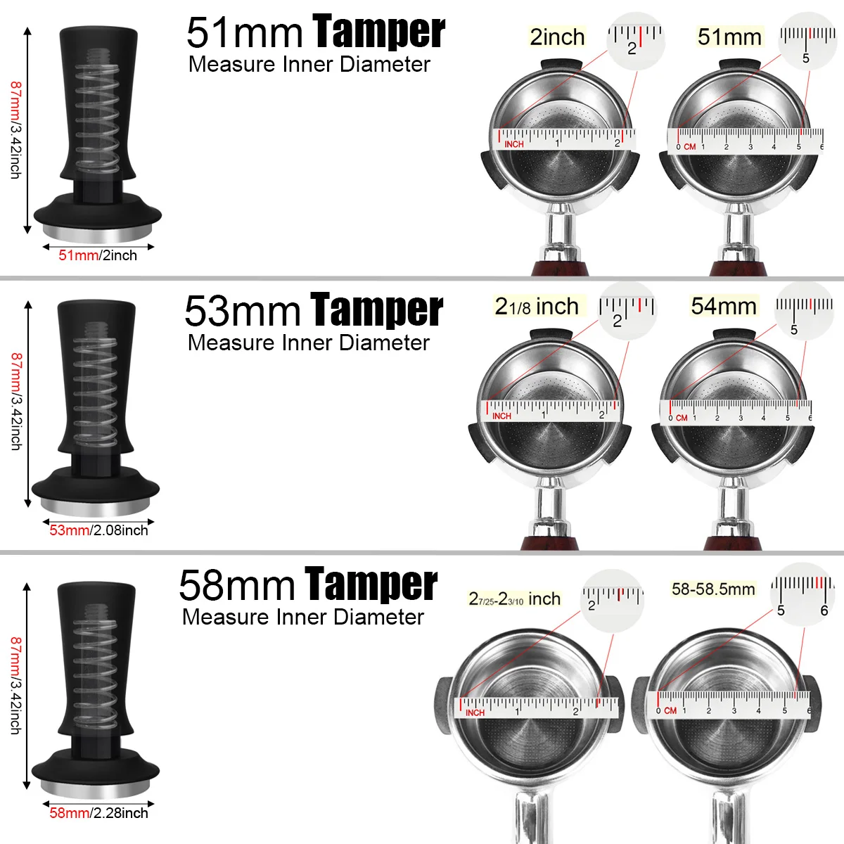 51mm 53mm 58mm Espresso Tamper Barista Coffee Tamper with Calibrated Spring Loaded 304 Stainless Steel Tampers