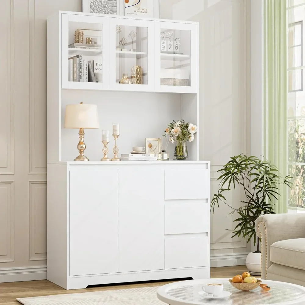 71 Inch Kitchen Sideboard with LED Light and Charging Station, Modern Kitchen Cabinet with Storage and Microwave Stand