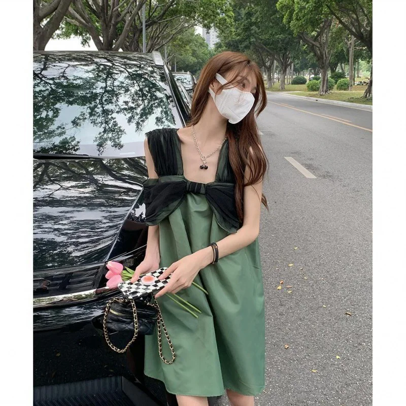 Miiiix Bow Tie Suspender Dress for Women's 2024 Summer New Contrasting Color Fashionable Slimming Dresses Female Clothing