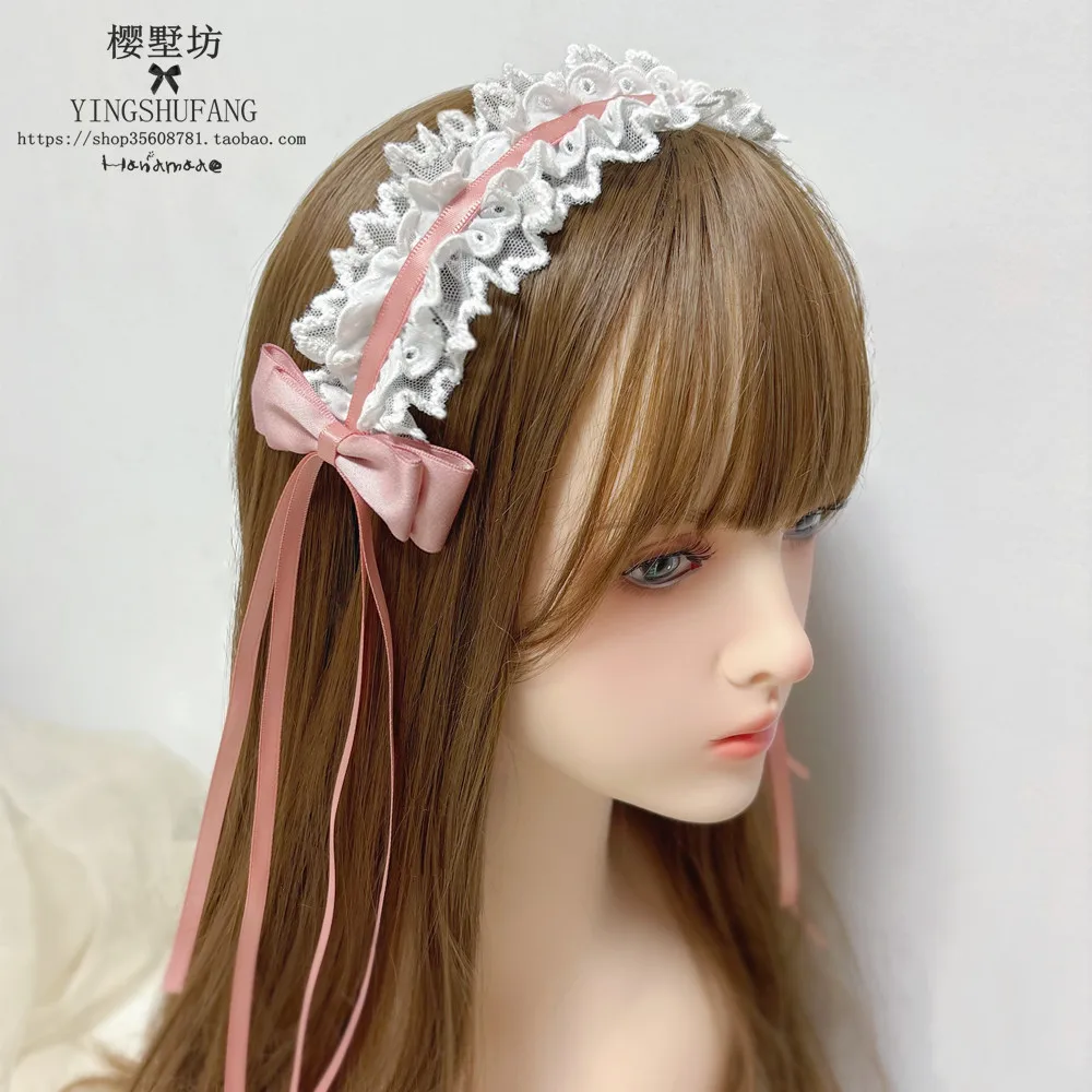 

Y2K аксессуары для волос в стиле Лолита, милая повязка на голову, ручная работа, бантик, оборки, повязки для волос, мягкие головные уборы для девочек, длинные растяжки, мягкая повязка для волос