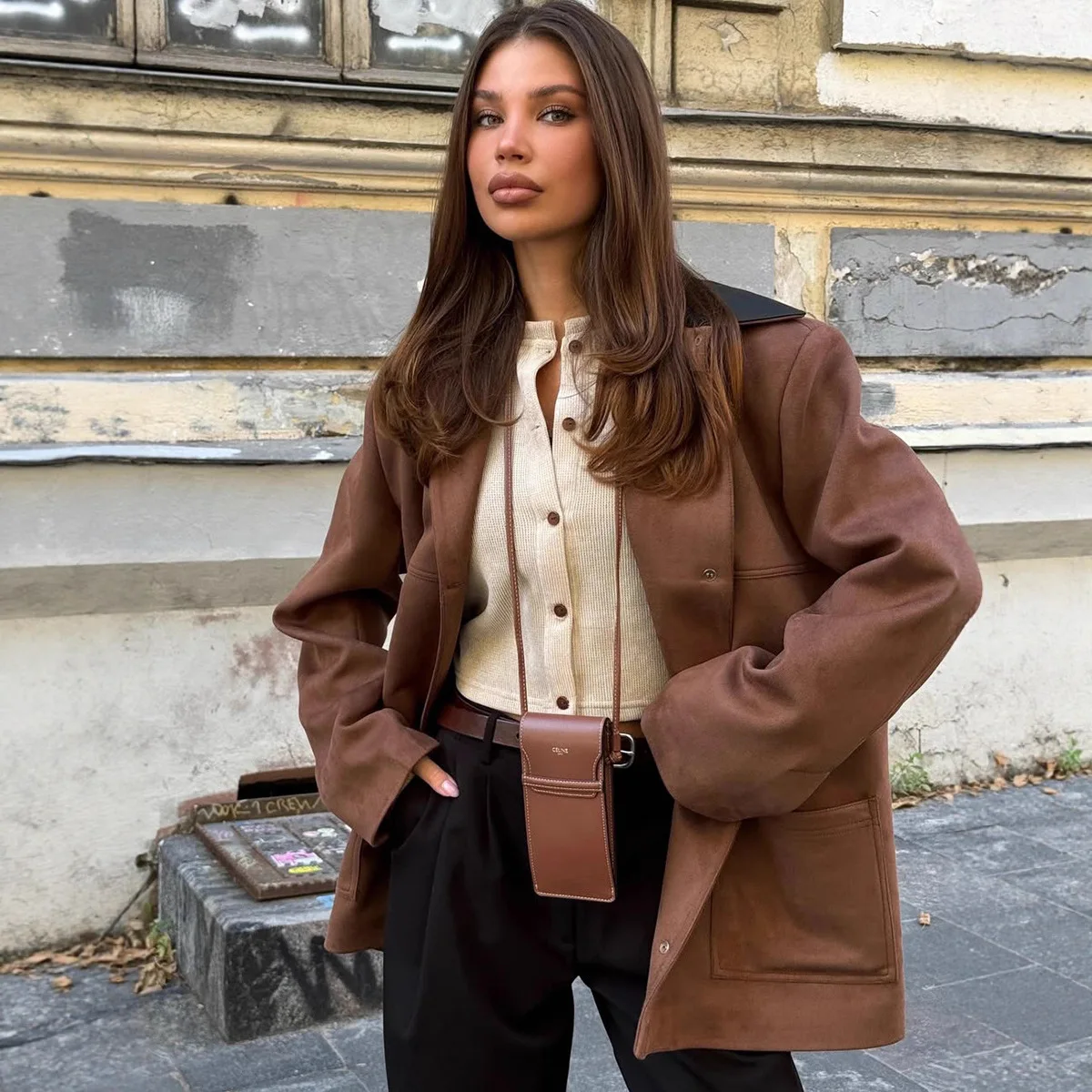 Brown Suede Jacket Women Fall Winter New Suede Stitching Black Lapel Loose Outerwear