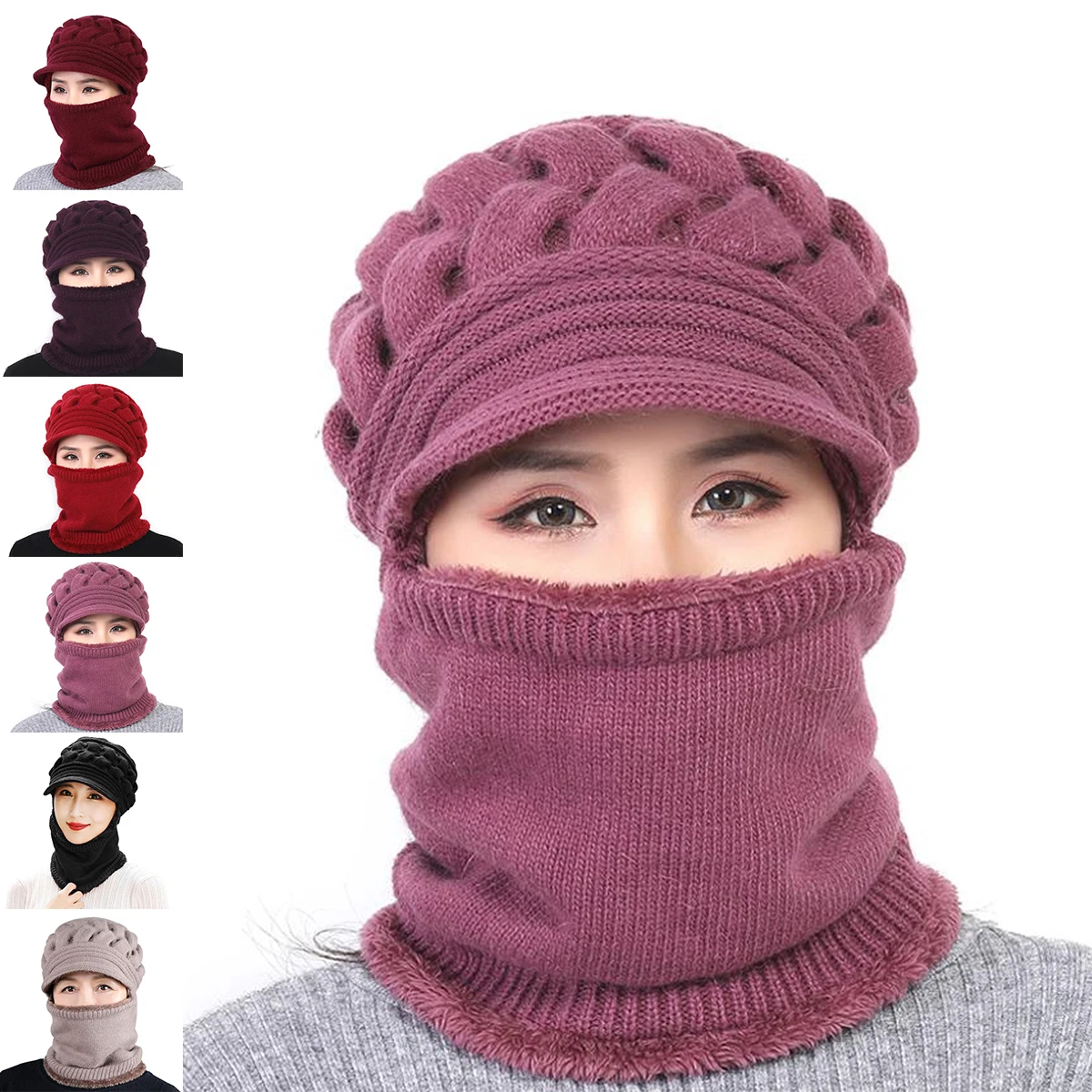 Winter Women Hats Ear Protection Warm Thick Knitted Hat Scarf Windproof Baseball Cap for Outdoor Riding and Snow Activities