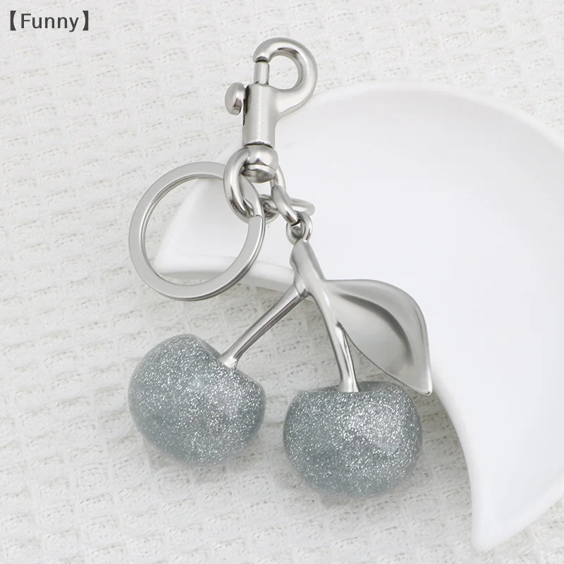 〔Funny〕Fashion Glitter Silvery Cherry Keychain Fruits Cherries Pendant Car Keyring For Coach Handbags Shoulder Bags Accessories