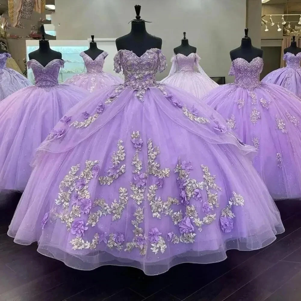 

Блестящие сиреневые платья принцессы Quinceanera с 3D цветами и кружевом Vestidos De 15 Anos, торжественное бальное платье для дня рождения