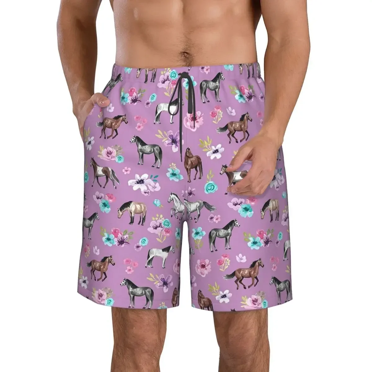 Horses And Flowers Print, Horse Decor, Light Purple, Pony, Floral Trunks Beach Board Shorts Casual Quick Dry Summer Men Pants