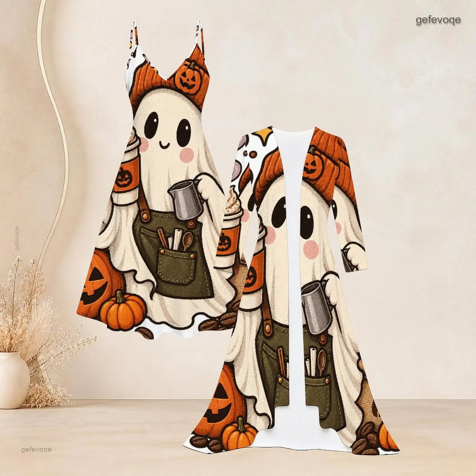 Women Cartoon Barista Ghost Pumpkin Coffee Printed 2 Piece Set, Strappy Flared Dress and Long Open Front Cardigan