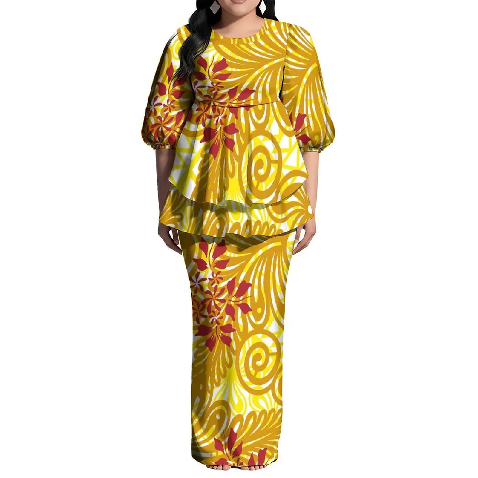 Round-Neck Puffed Sleeve Polynesian Style Women'S Customizable Pattern Puletasi Suit Dress High-Quality Double-Layer Hem Set