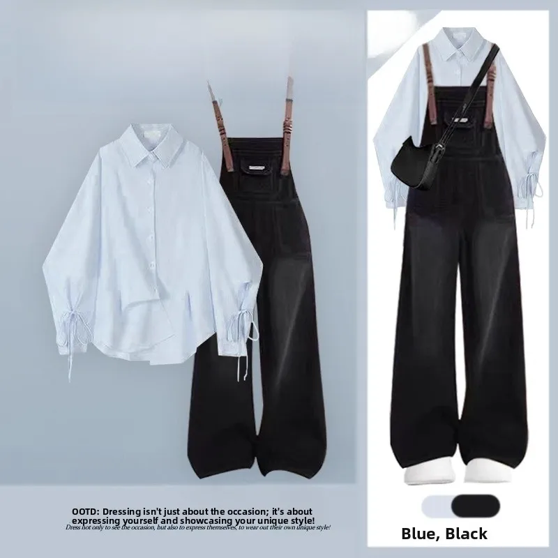 

Anti-Aging Autumn Set Women's Casual irt Vintage Slimming Denim Overalls Two-Piece Suit Korean Design Faion Ensemble