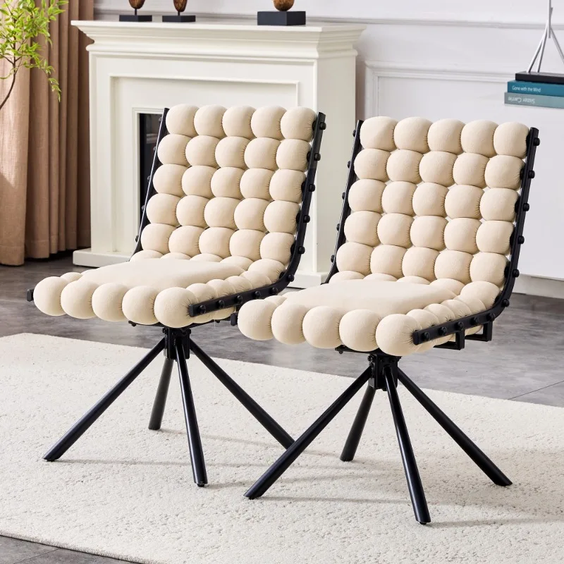 

Set of 2 Beige Velvet Puffy Bubble Dining Chairs with Black Legs Modern Tufted Accent Chairs for Dining Room Kitchen
