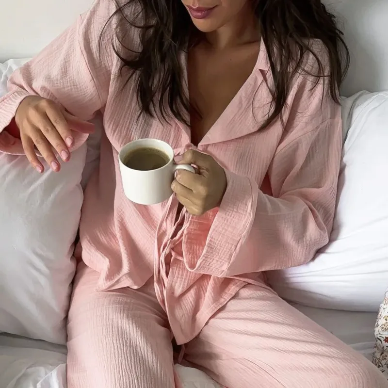 

Женский пижамный комплект из двух предметов на шнуровке — укороченный топ с длинными рукавами и широкие брюки, одежда для дома, весна-осень, повседневная ночная рубашка 2026