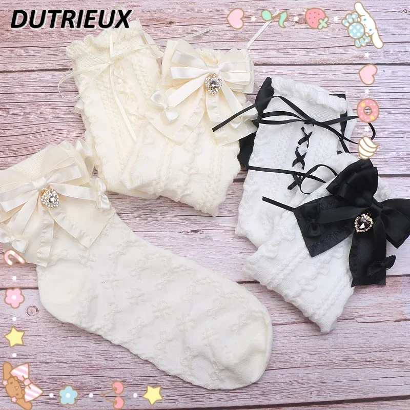 

Fashion Japanese Style Sweet Cute Short Socks for Women Heavy Industry Bow Belt-Loop Ribbon Girl Pure Cotton Hosiery Female