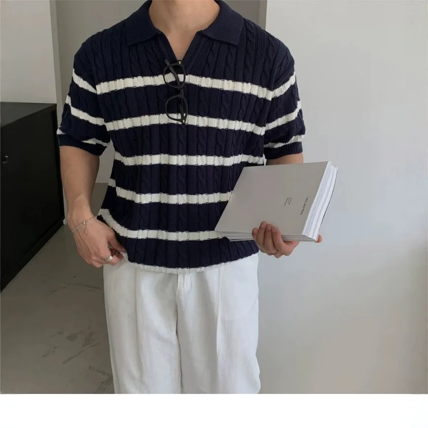 Summer Lapel Polo Shirt Short-sleeved Knitted Sweater Thread Coat Men's Wide American Stretch T-shirt