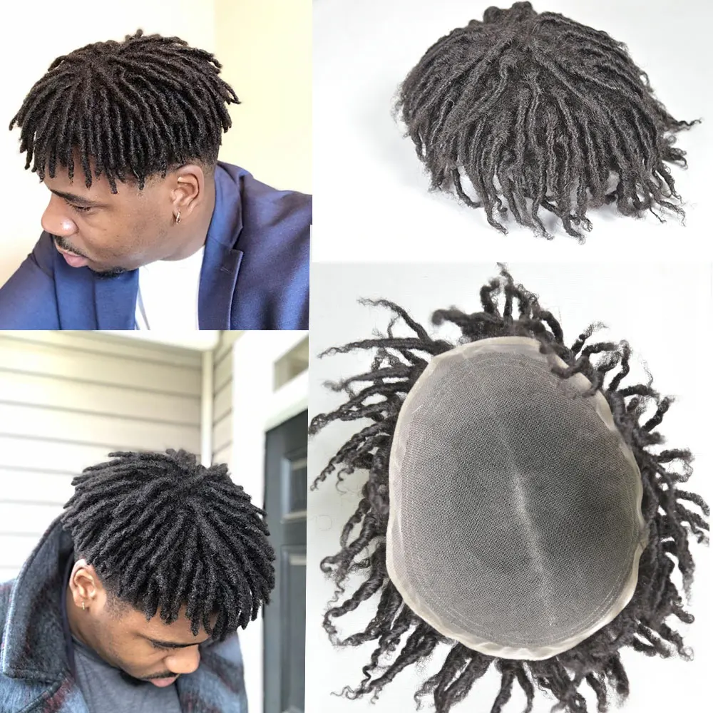 Afro Mens Toupee Short Twists Braids Full Swiss Lace Afro Kinky Curly Toupee For Black Men's Hair System 8x10Inch 1B# Black