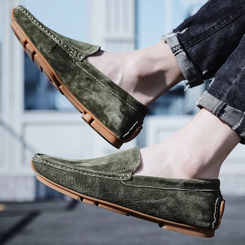 جلد الغزال رجل المتسكعون الفاخرة حذاء كاجوال خفيفة الوزن حذاء رجالي الأخفاف لينة سوليد الشقق اليدوية الانزلاق على أحذية قيادة