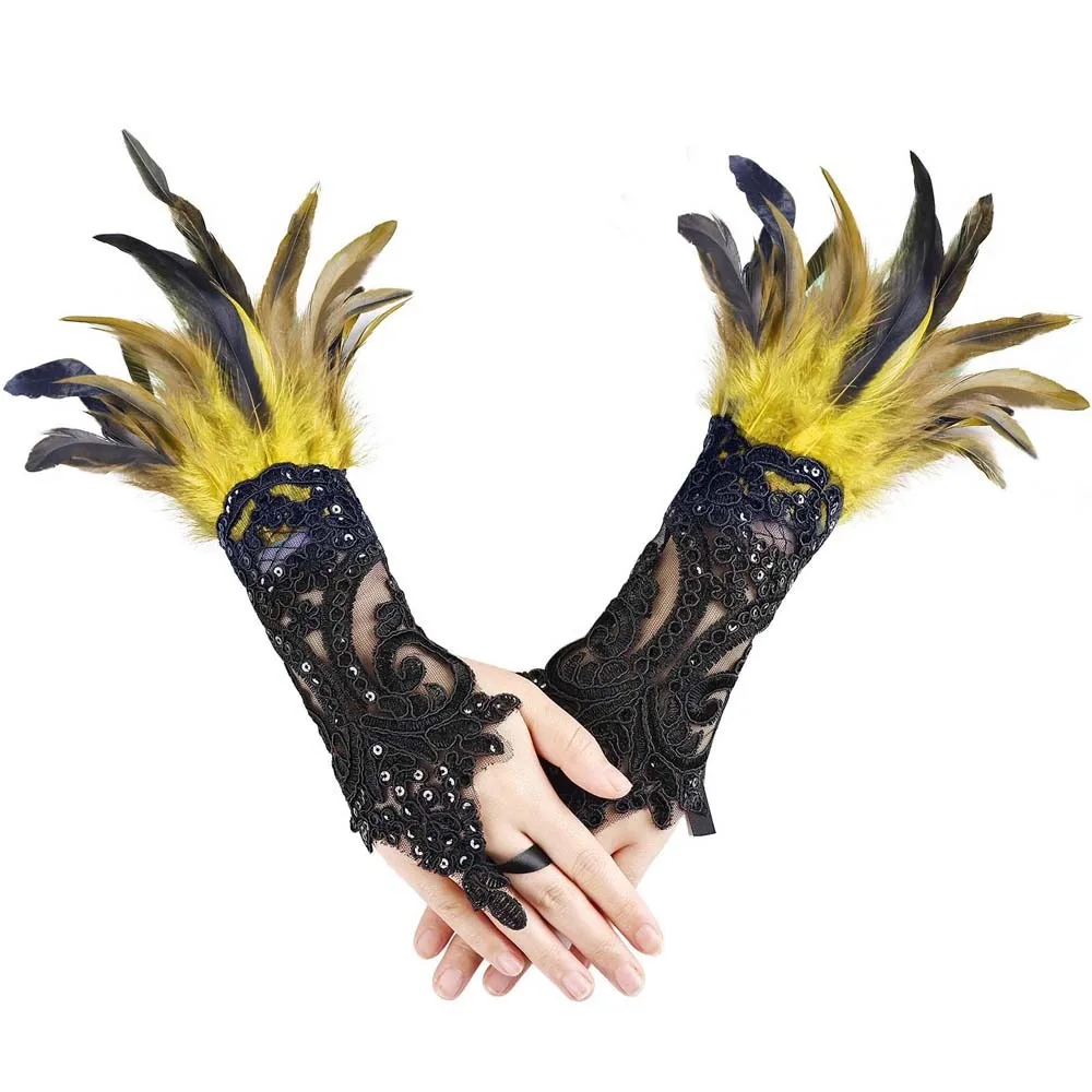 

Retro Halloween Feather Gloves Gothic Embroidery Sequins Feather Lace Gloves Cuffs Dark Women Halloween Arm Sleeves Festival