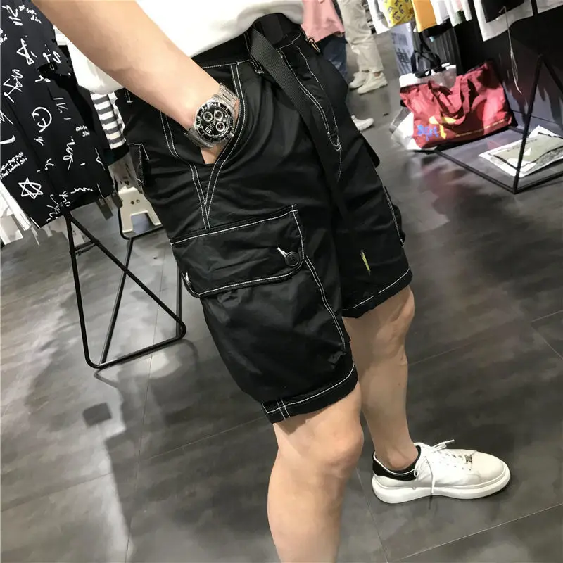 Male Bermuda Short Pants with Zipper Solid Men's Cargo Shorts Black Button Pockets Homme Elastic Waist Hevy Whate New In Strech