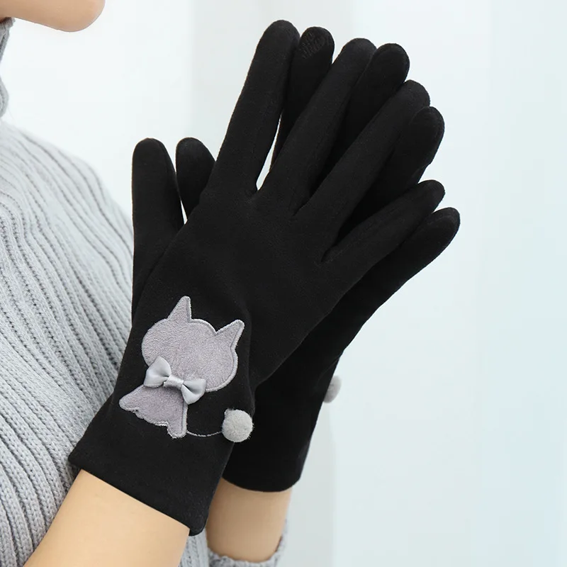 Women Autumn and Winter Warm Fashion Touch Screen Cute Cartoon Cat Driving Cycling Soft Gloves Elastic Windproof