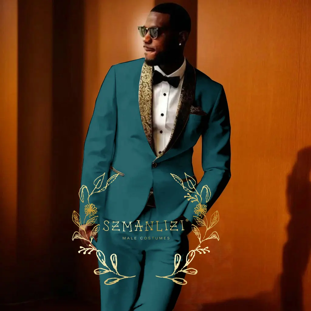 Royal Blue Men Suits Slim Fit 2 Piece Gold Floral Lapel Suit Men Wedding Prom Party Business (Blazer+Pants) Suits for Men