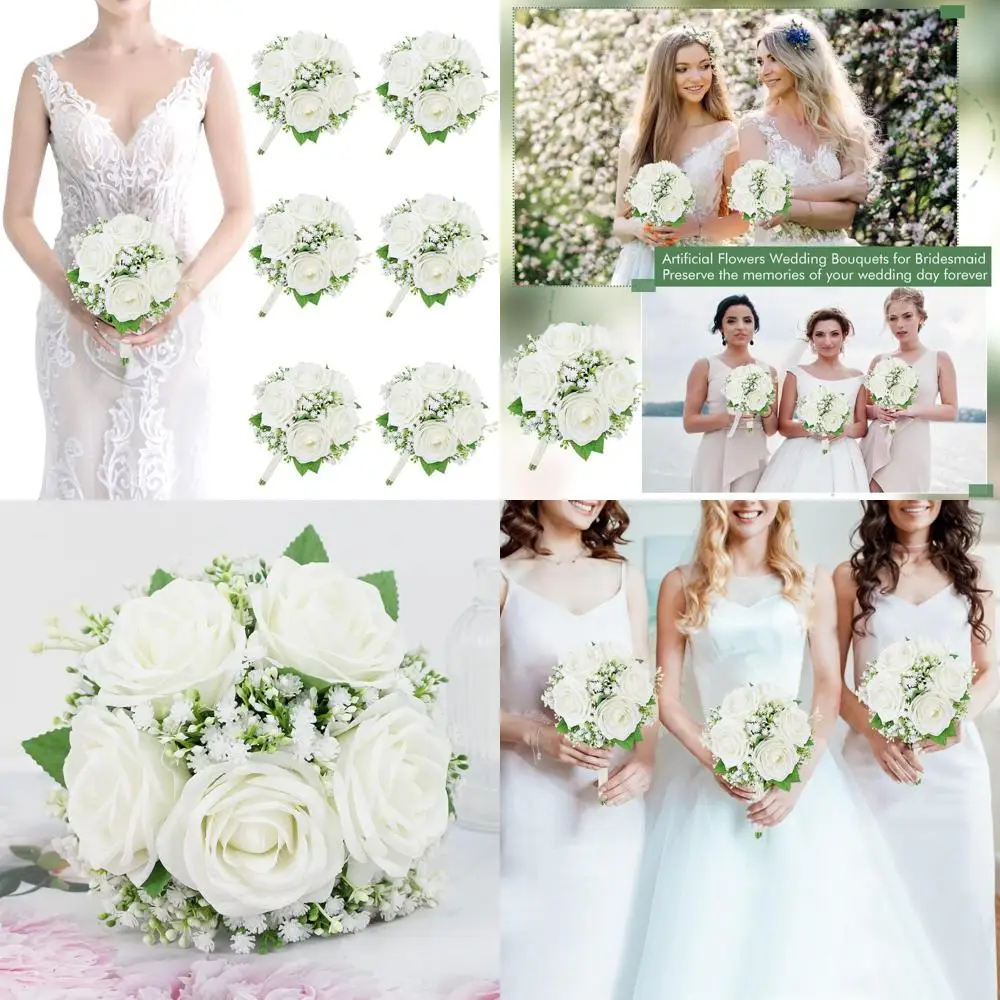 

Silk Flower Bridesmaid Bouquets Set - 6-7 Inch Ivory White Roses with Baby's Breath, Pre-Made Elegant Artificial Flower Bouquets