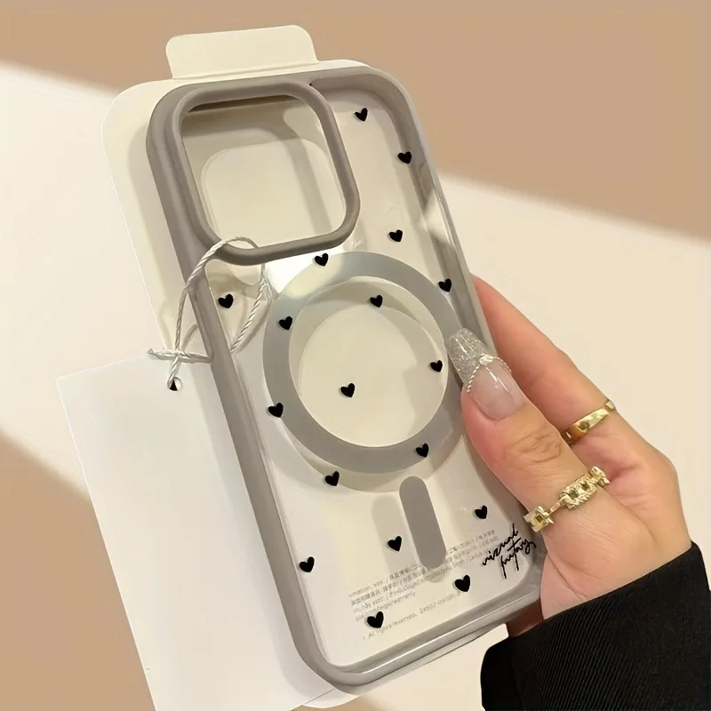 حافظة هاتف مغناطيسية للشحن اللاسلكي لهاتف آيفون 17 13 12 14 15 16 Pro Max 11 16E 16 Plus 17 Air مع غطاء قلب حب أسود