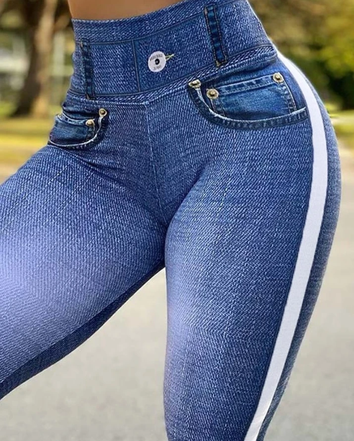 Leggings de elevação de bunda com controle de cintura alta feminina, jeans, moda casual, calça esportiva, novo, 2022