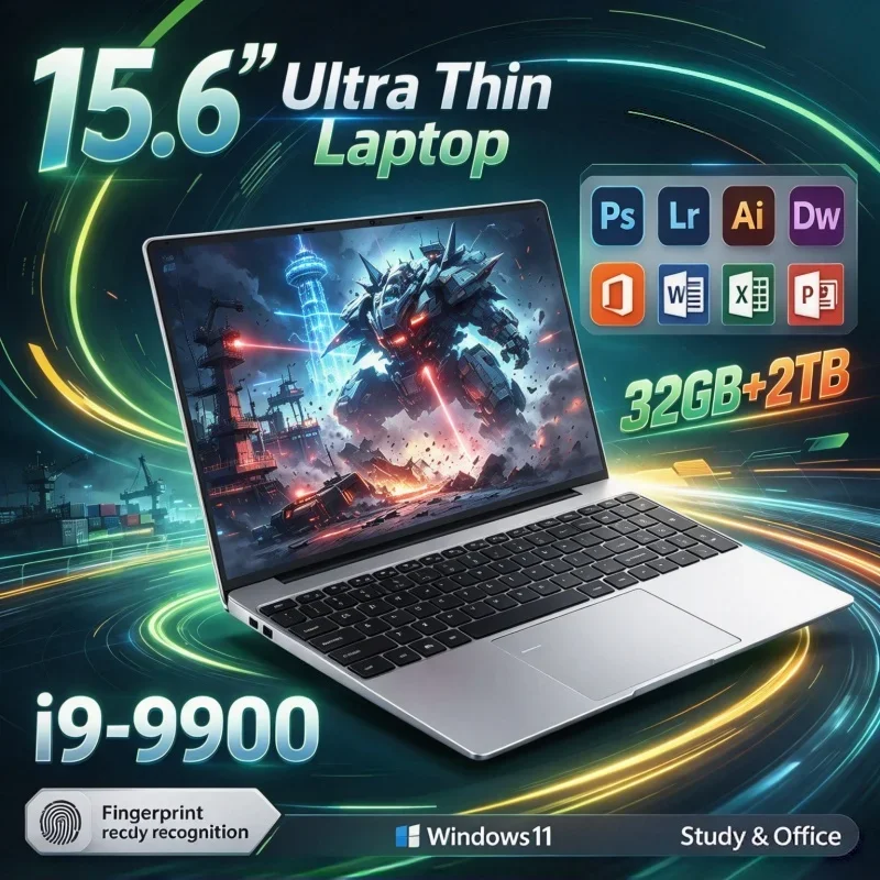Lightweight 15.6'' Inch Notebook PC Intel Core I9-9900 32GB RAM 1TB 2TB SSD Windows11 Fingerprint Unlock Gaming & Daily Laptop