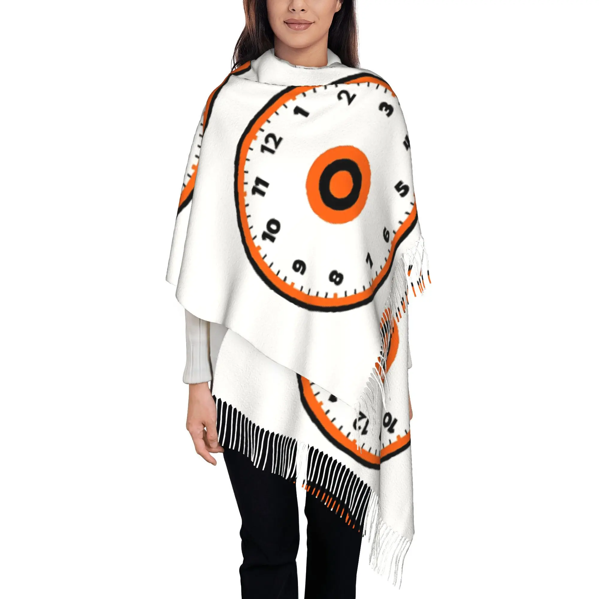 A Stylish Unisex Scarf with An Orange and Black Circular Clock Design Perfect for Autumn and Winter
