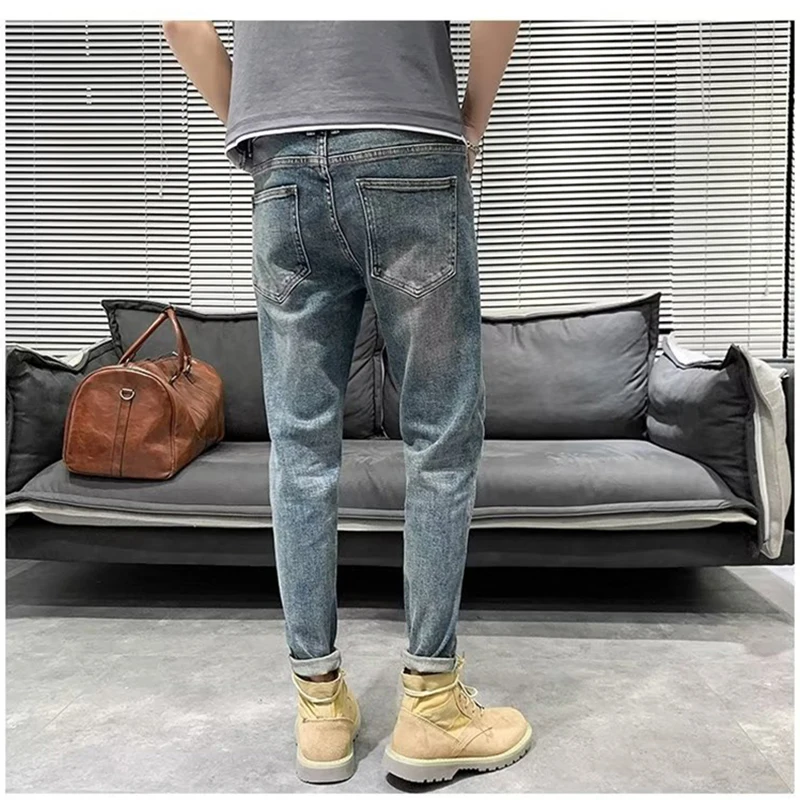 Jeans Kasual Slim Fit Melar Pria 2023 Celana Denim Klasik Warna Solid Biru Antik Pria Musim Semi Musim Panas Baru Celana Panjang Pria Bermerek