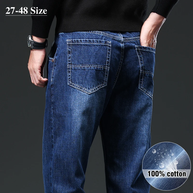 

100% Cotton Loose Straight Men's Jeans Plus Size Autumn Winter Thick Casual Classic Washed Black Denim Pants 42 44 46 48