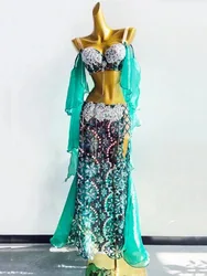 Female 2024 Sexy Oriental Belly Dance Bra, Shave Sleeve Split Wrap Hip Long Dress, Modern Dance Performance Dress