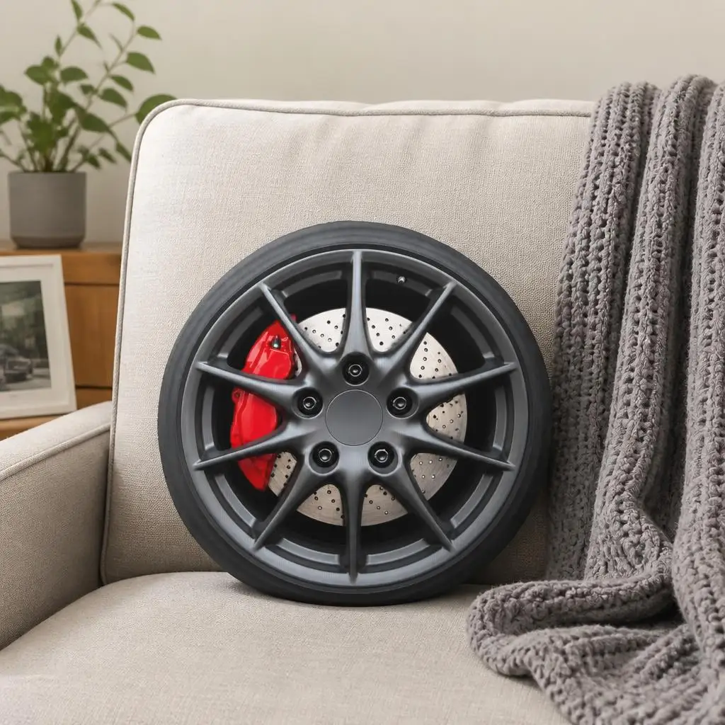 Car Wheel Rim Shaped Plush Pillow Brake Caliper Cushion Automotive Throw Pillow Car Enthusiast Gift Home Decor Sofa Accent