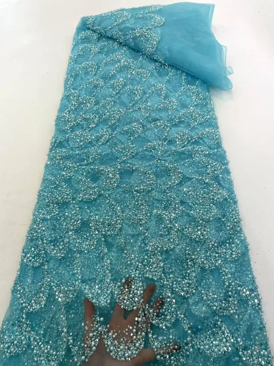 African Beaded  High Quality Nigerian Sequins With Pearl Lace French Tulle Lace Fabric For Party Dress Sewing