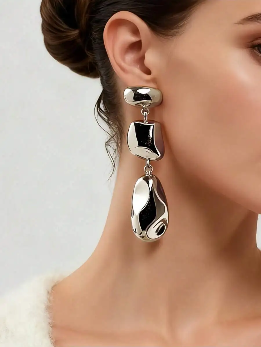 

Minimalist Geometric Asymmetrical Shiny Mixed Metal Dangle Long Earrings For Women