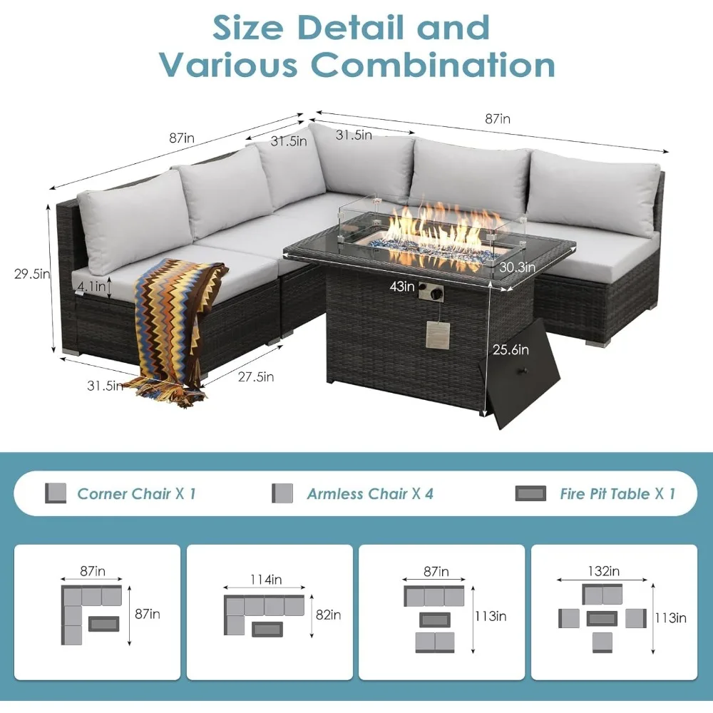 PE Willow Terrace Furniture Set Segmented High Back Large Size, with Propane Fire Pit Table 55000 BTU Balcony Rattan Lounge