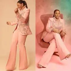 Plus Size  Africa Women Jacket Pants Suits Beads Crystal Applique Pocket Blazer Sexy Party Prom Gown 2 Pieces Set Custom Made