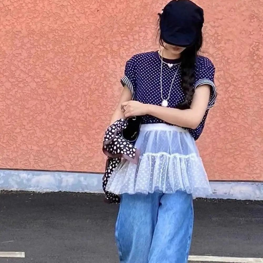 New Embroidered Flower Lace Mini Skirt Y2K Streetwear Harajuku Lace Up Ruffles Skirt See Through Pleated Skirts Jeans Decoration