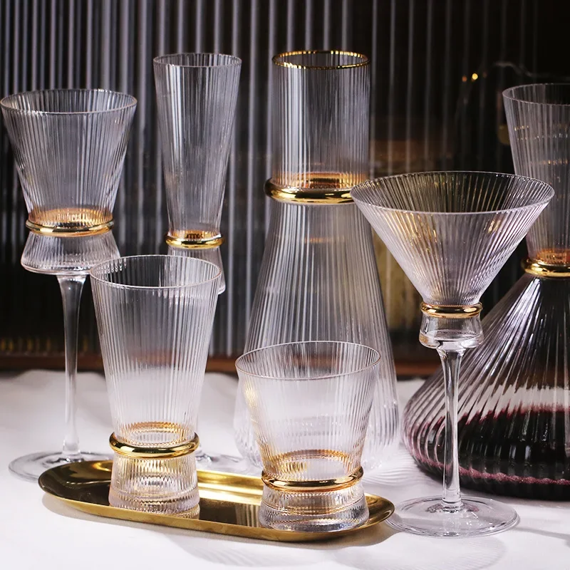 

pattern gold waist line goblet champagne glass cocktail glass vertical pattern water cup set electroplated gold wine set