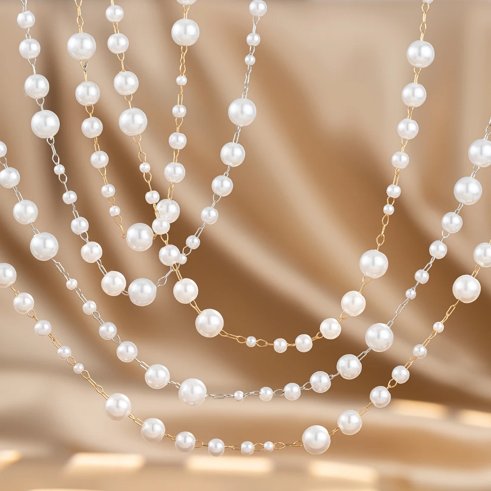 0.5/1/2M 3-8mm Sequentially Sized Imitation Pearl Copper Chain For DIY Necklace Lolita Clothing Headwear Matching Chain Material