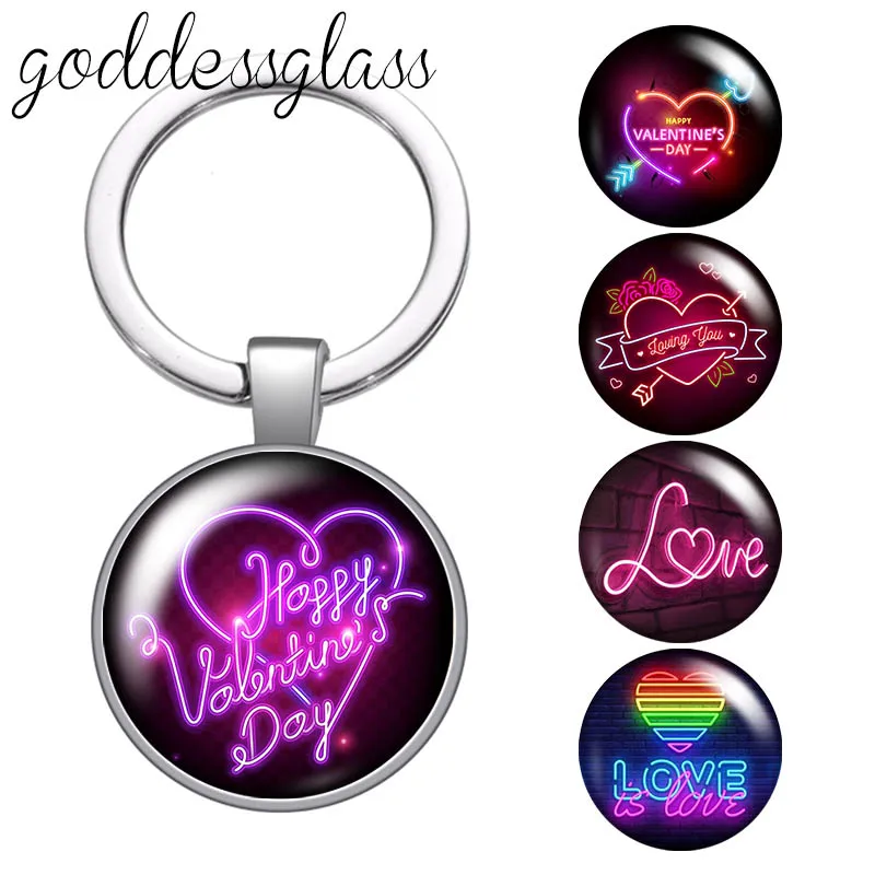 New Valentine's Day Love Heart light style glass cabochon keychain Bag Car key chain Ring Holder Charms keychains gift