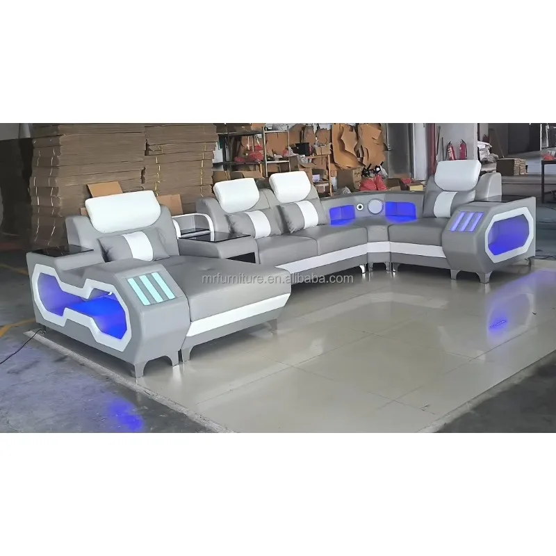 #V Modern U Shape Smart USB Leather Sofa Speakers Sectional LED Couch Storage Living Room Sofa Set