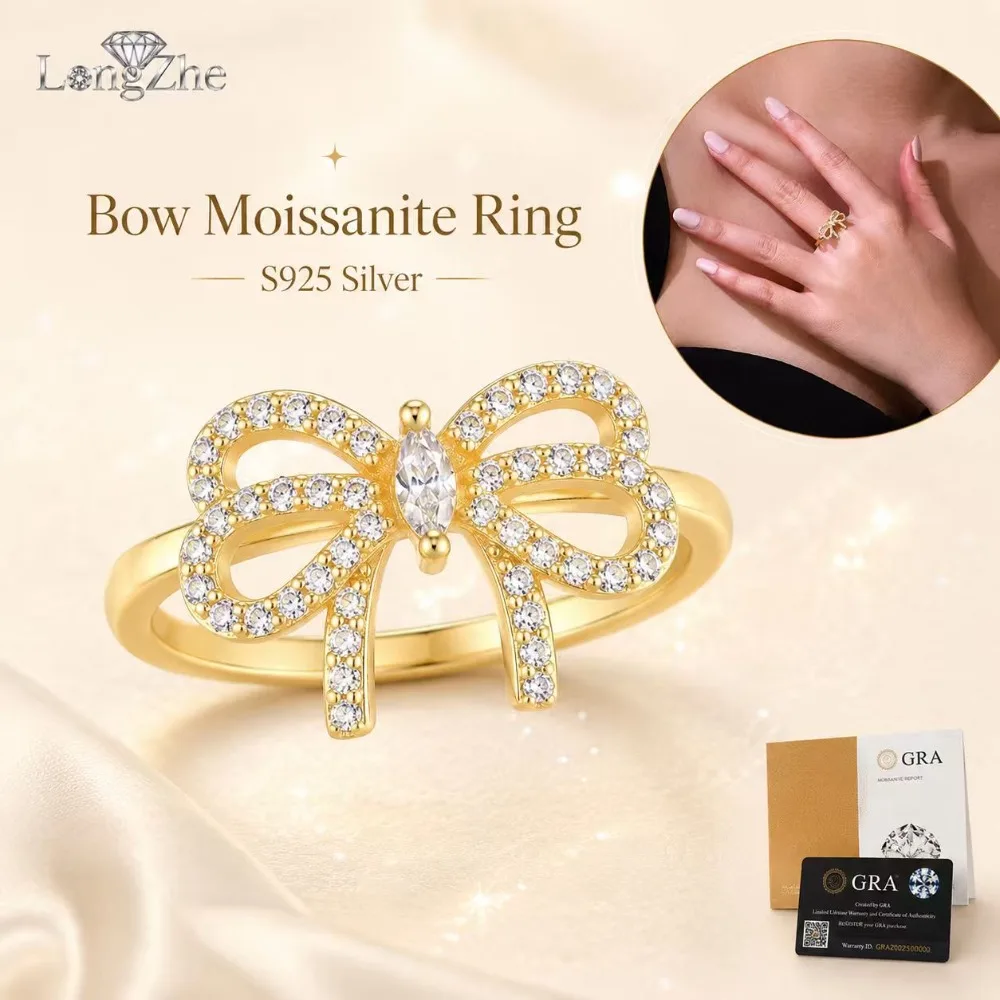 

Gold Color Moissanite Bowknot Ring for Women S925 Sterling Silver Butterfly Design D-E Color 3EX Cut Sweet Luxury Jewelry