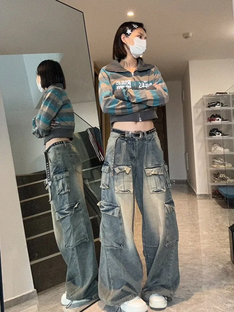 Multi-pocket Design High-street Cargo Pants Women Wide-leg Trendy Washable High-waisted Jeans Women Y2k Baggy Streetwear Women