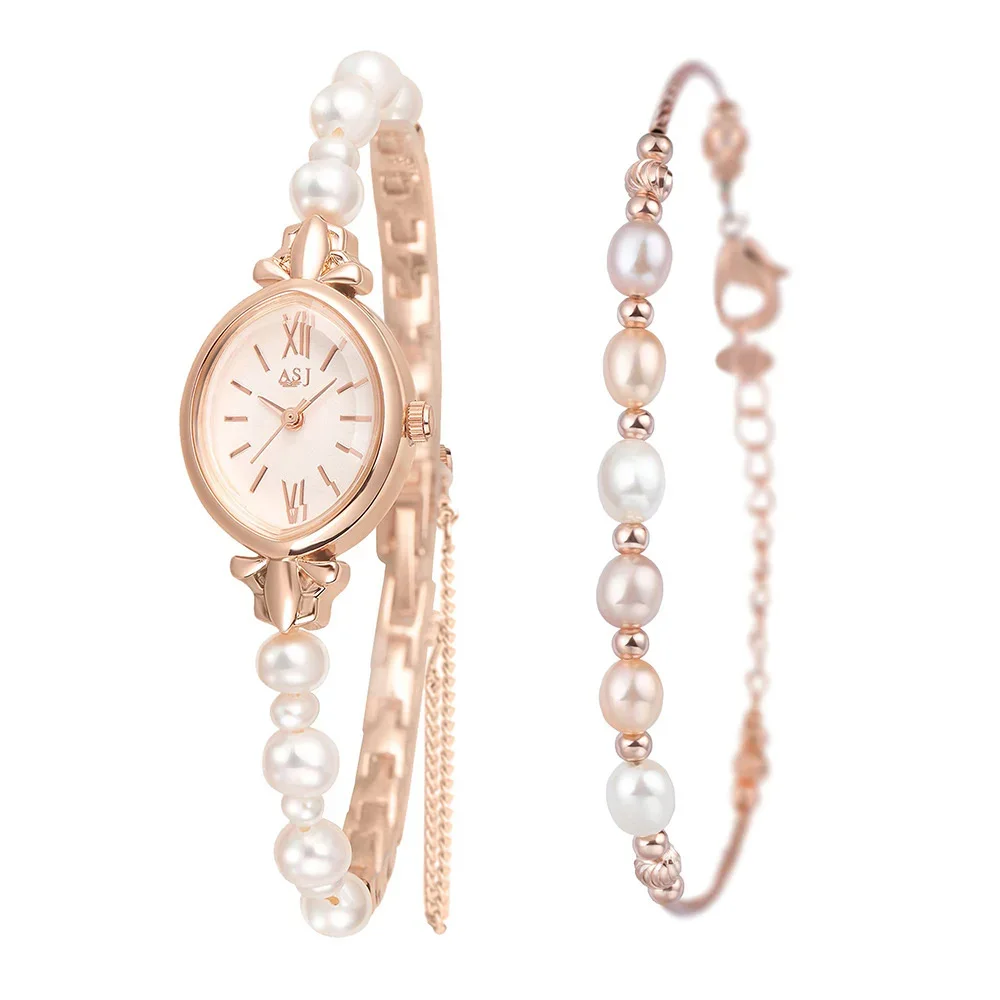 

Casual Pointer Quartz Watch Sweet and Elegant Wrist Watch & 1pc Natural Freshwater Pearls Bracelet, Gift for Women Her