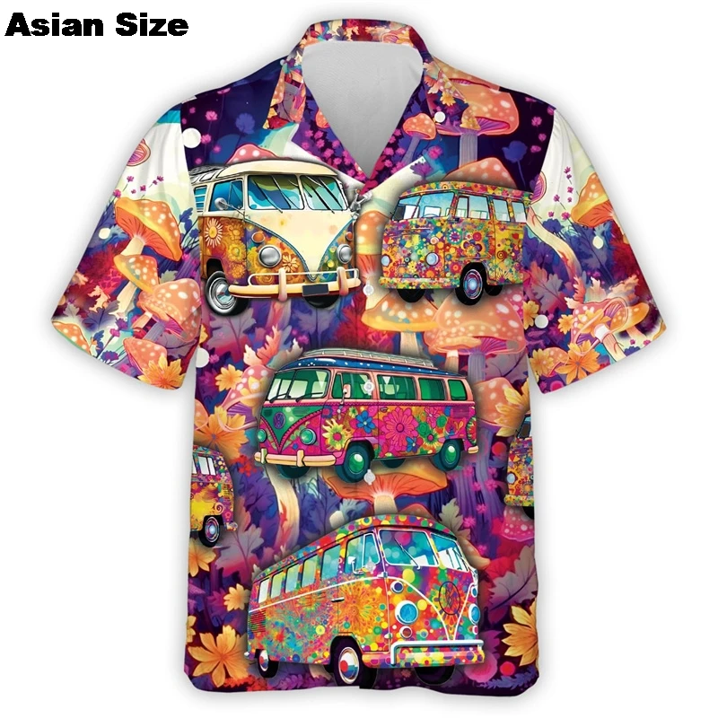 

Men's Floral Pattern Hawaiian Shirt Hippie Bus Outdoor Street Short Sleeve Beach Shirt Blouse New In Casual Button Aloha Shirt